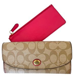 Coach Khaki/Tan Coated Canvas Wallet Clutch Separate Pink Zippered Pouch - NWT